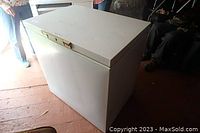 White Woods chest freezer with top closed, showing minor marks and signs of wear.