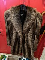 Front view of the raccoon fur jacket showing the natural fur pattern and collar details