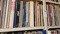 First shelf of assorted LaserDisc discs showing various cardboard sleeve spines