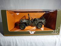 Full view of the Willys Jeep diecast model in original packaging with clear display window showing olive green model and orange backdrop.