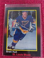Front photo of Brett Hull St. Louis Blues hockey card in protective sleeve.