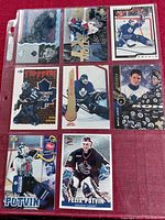Photo shows eight hockey cards of Felix Potvin in various poses and uniforms, with distinct card designs and logos visible.