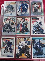 Photo showing 9 collectible hockey cards featuring Felix Potvin in goalie poses and various Toronto Maple Leafs uniforms.