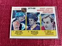 O-Pee-Chee 1979-1980 Assist Leaders hockey card with three player portraits and team names.