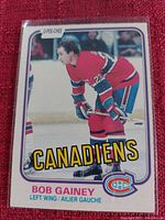 Photo of O-Pee-Chee Bob Gainey Montreal Canadiens hockey card showing player in red jersey and card details.