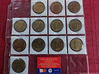 Photo of 16 Team Canada 1998 Olympic Hockey medallions arranged in a 4x4 grid in white holders on a red fabric background, plus an informational card.