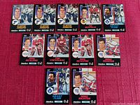 All 11 Pinnacle Masks hockey goalie cards arranged on pink textile background, frontal view showing player portraits and names.