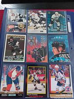 Photo of nine hockey cards in a plastic sleeve with three rows of three cards featuring Wayne Gretzky and Eric Lindros.