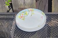 Top and side view of the round ceramic bowl showing floral hand painted decoration and gold rim.