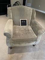 Front view of pale green velvet-like occasional chair with wooden round legs