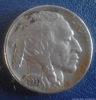 Obverse side of the 1937 Buffalo nickel showing Native American profile and clear date 1937