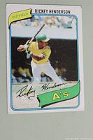 Front of the 1980 Topps Rickey Henderson rookie card showing Rickey in batting pose with clear title markings.