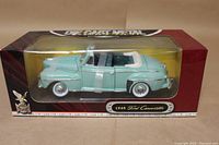 Front side view of unopened 1/18 scale light green 1948 Ford Convertible diecast model in original Road Signature box.