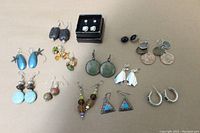 Overview photo showing all 14 pairs of assorted costume earrings laid out on a neutral surface, displaying a variety of shapes, colors, and styles.