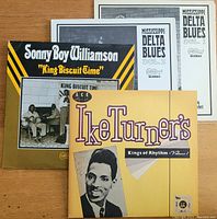 Front covers of four blues vinyl albums including Ike Turner's Kings of Rhythm Volume 1, Sonny Boy Williamson's King Biscuit Time, Mississippi Delta Blues Vol. 1 and Vol. 2.