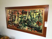 Overall front view of wood framed abstract sailboat painting on board