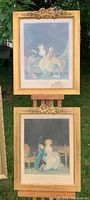 Two vertically framed Victorian romantic couple scenes stacked on an easel outdoors.