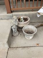 Image showing three planter pots on concrete steps and frog statue in one of the pots
