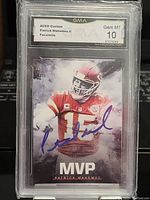 Front view of 2018 Patrick Mahomes MVP facsimile autograph trading card in protective case graded Gem Mint 10 by GMA.