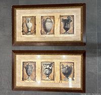 Photo showing two framed paintings side by side featuring antique vases in sepia tone with matching frames.
