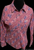 Front view of pink, turquoise, and white paisley western shirt with pearl snap buttons on a mannequin.