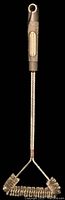 Front view of the grill brush showing the dual wire broom shaped head with stainless steel bristles in a V shape and long handle with hanging loop and textured grip.