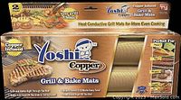 Box of Yoshi Copper Grill & Bake Mats showing branding, copper infusion, product features and usage suggestions such as pizza, ribs, burgers, and veggies.