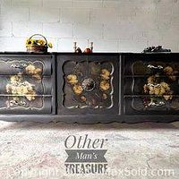 Full front view of grey solid wood dresser with floral decoupage