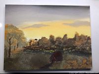 Photo of an original chalk paint landscape on canvas featuring trees, bushes, a small red building, and a sunset sky.