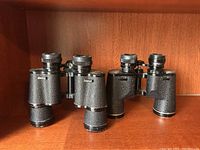 Pair of binoculars side by side on wooden shelf, showing black textured bodies and classic design.