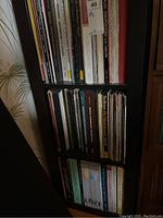 Full view of three-tier shelving unit filled with LPs