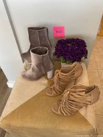 Two pairs of designer women's shoes: taupe velvet ankle booties and tan strappy high heels displayed on a small table with a purple flower in the background.
