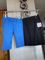 Tommy Bahama blue shorts and White House Black Market black skirt hanging on a rod showing full front view.