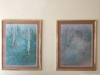 Two side-by-side framed nature art prints featuring birch tree groves, showing overall view, colors, frame, and matting.