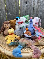 Photo showing all 11 Beanie Babies plush toys arranged on a round wicker table outdoors against a wooden fence.