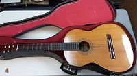Full view of the guitar in open hard case showing natural wood finish and dark fingerboard.