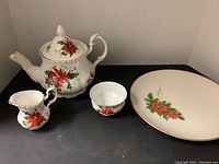 Full set including teapot, creamer, sugar bowl, and serving plate shown from front angle