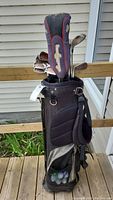 Front view of golf bag with clubs and headcover