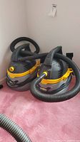 Two Stinger shop vacuums side by side on carpet.