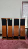 Four tall floor-standing speakers with wooden frames and black fabric speaker grills, shown standing in a row in a room with pink carpet and white walls.