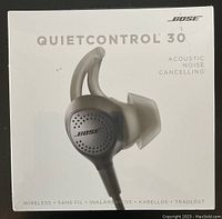 Front of sealed QuietControl 30 box showing model name and image of earbud
