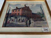 Full view of framed print showing building, crowd scene, and frame