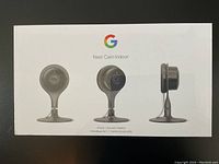 Front of sealed retail box showing three Nest Cam Indoor cameras and Google logo