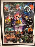 Front view of framed pop art serigraph showing Star Trek characters and USS Enterprise against starfield background