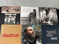 Six covers: Marvin Gaye Trouble Man; James Brown Jungle Groove; Justin Bieber Purpose; Bob Marley & The Wailers Exodus; Marvin Gaye What’s Going On; Kool & The Gang Collected