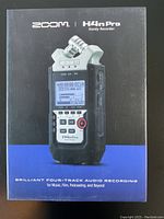 Front of retail box showing Zoom H4n Pro branding, product image, and feature tagline.