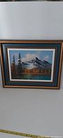 Framed oil painting of Mt Bident landscape with lake and trees in autumn colors under a blue sky with scattered clouds.