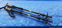 Two black telescoping walking sticks with cork handles and wrist straps laid on blue tarp.