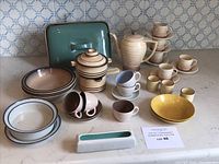 Overview of assorted small pottery pieces including bowls, cups, saucers, teapot, and a rectangular pottery vase in various colors and brands.