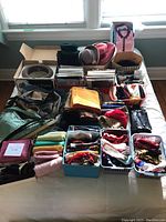 Overview of entire lot showing hats, handbags, scarf containers, gloves and hosiery